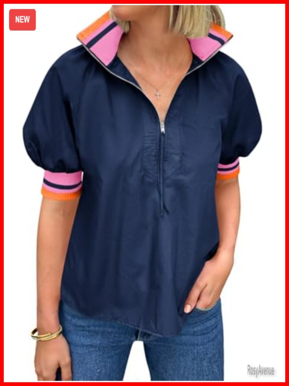 Womens Puff Sleeve Top Blouse Color Block Half Zip V Neck Loose Fit Summer
